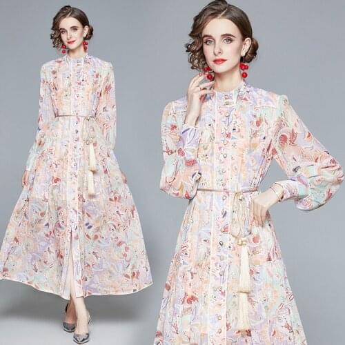 High-quality Foreign Style Beautiful European and American French Retro Print Bandage Dress Fashion Slim Belted Tunic Maxi Dress