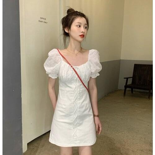 Puff Sleeve White Dress Womens Summer Korean New Style Bandage French Temperament Female A-Line Short Dresses Vestidos Black