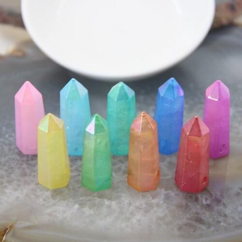 Drilled Rainbow Titanium Natural Crystal Points Stick Pendants Polished Quartz Faceted Hexagon Spikes Graduated Charms Necklace