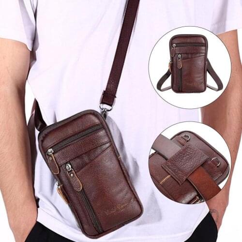 Portable Mens Mobile Phone Pockets Leather Belt Clip Bag Fashion Crossbody Backpack Shoulder Bag Waistbag