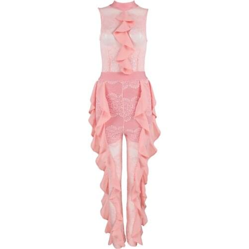 Pink/Black/Yellow Women Sexy Lace Bandage Jumpsuits Sleeveless High Neck Lace See Through Patchwork Party Jumpsuit