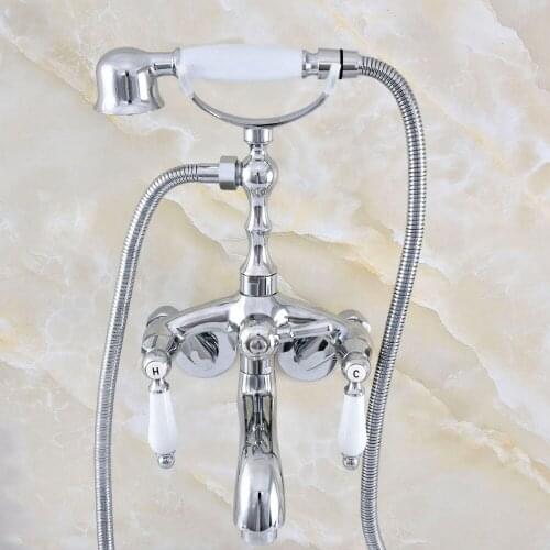 Silver Polished Chrome Brass Wall Mounted Dual Ceramic Handles Clawfoot Bathtub Faucet Handshower - Adjusts From 3-3/8" aqg401