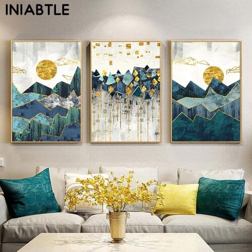 Nordic Abstract Geometric Mountain Landscape Wall Art Canvas Painting Golden Sun Poster Print Wall Picture for Living Room Decor