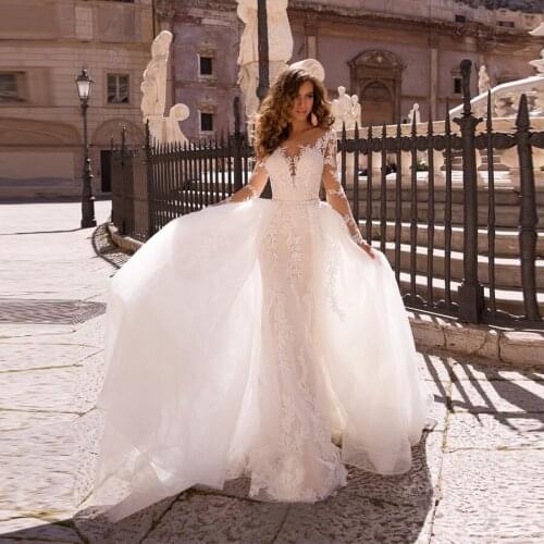 Vestido de noiva 2020 Scoop Neckline Tulle Wedding Gowns Long Sleeve Applique Lace Mermaid Wedding Dress With Detachable Train