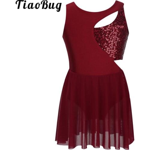 TiaoBug Kids Teens Shiny Sequins Sleeveless Asymmetrical Figure Ice Skating Dress Ballet Gymnastics Leotard Girls Dance Costume