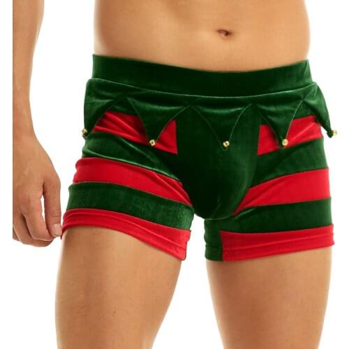 Men Striped Soft Velvet Boxer Shorts Christmas Bulge Pouch Underwear Party Rave Fancy Xmas Elf Costume Underpants with Bells