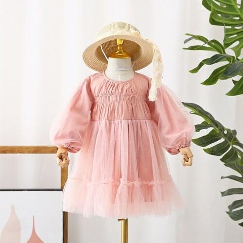 2021 Girls Solid Spring Dress for Kids Ruched Princess Lolita Dress for Baby Toddlers Birthday Clothing