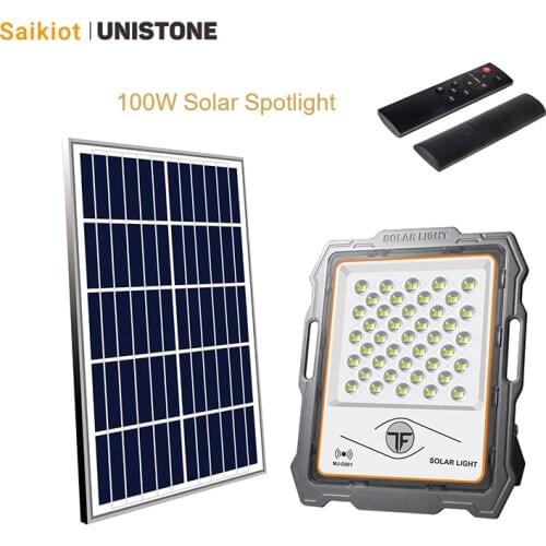 Saikiot 100W Solar Spotlight Floodlight Light Outdoor Waterproof Remote Controller with Radar Auto Brightness Control for House