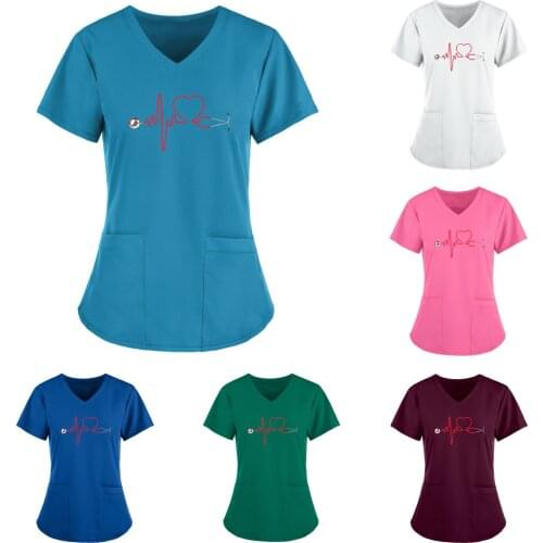 Uniformes clinicos mujer Care Working Uniform Blouse Women ECG Print Casual Short Sleeve V-neck Carer Top Nurse Workers T-Shirt