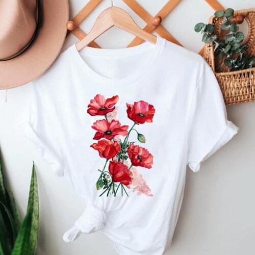 Women Summer Tshirts Flower Floral Fashion 2021 90s Short Sleeve Cartoon Clothes Graphic T Top Lady Print Female Tee T-Shirt