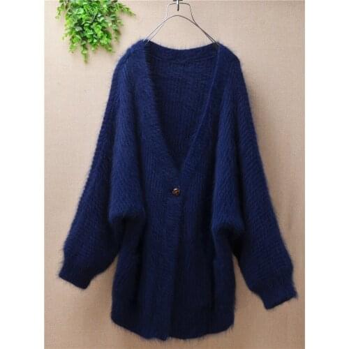 Rabbit fur knitted women long sleeve v-neck warm sweater loose cashmere coat jacket Korea fashion clothing female cardigans