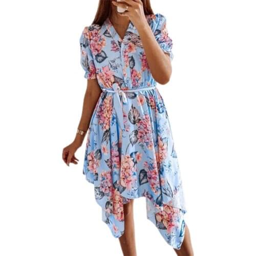 New Summer Women Boho Dress Plus Size Floral Print Sashes Short Sleeve V Neck Irregular Dresses Beach Party