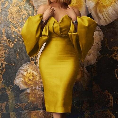 Women Party Dress Summer Stylish 2021 Fashion Sexy Strapless Lantern Long Sleeve Evening Dresses Mid-Calf Bodycon Ladies Dresses