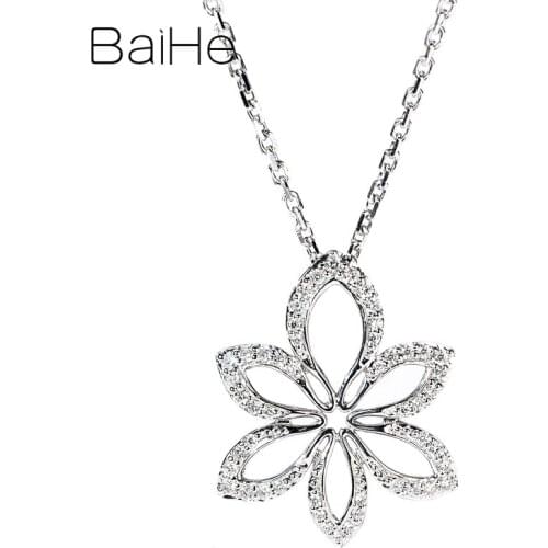 BAIHE Solid 18K White Gold 0.16ct Round Natural Diamonds Engagement Fine Jewelry Beautiful delicate leaves diamond Necklaces