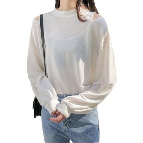 Spring Basic Tshirt White Long Sleeve Tops Cotton Loose Tee Shirts Women Chic Fashion Korean Style Off Shoulder O Neck T Shirt