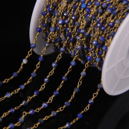5Meter Natural Lapis Lazuli 2mm Faceted Round Beads Rosary Chain,Gold Color Brass Wire Wrapped Necklace Bracelet Sweater Chains