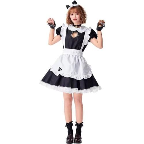 Black Women Halloween Kitty Maid Costumes Female Housekeeper Waitress Cosplay Carnival Purim Nightclub Bar Role Play Party Dress