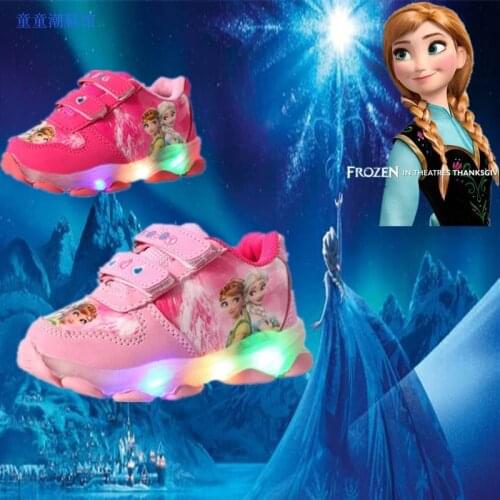 Disney childrens cartoon frozen princess girl non-slip soft sole casual shoes sports shoes student running LED light shoes