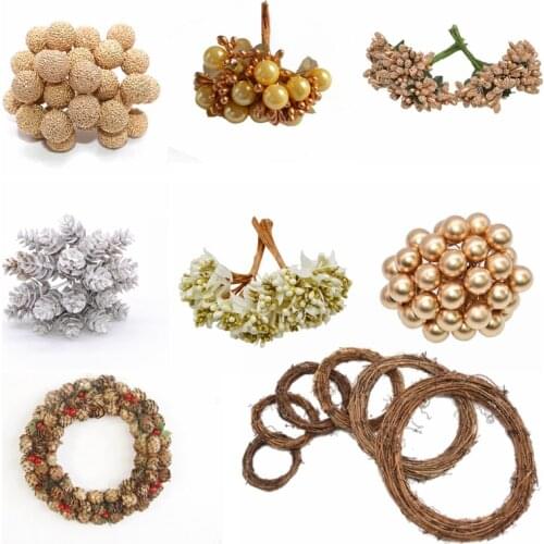 Gold Mixed Hybrid Flower Cherry Stamen Berries Easter Wreath Garland DIY Gift Box Wreath Decor Easter Wedding Party Supplies