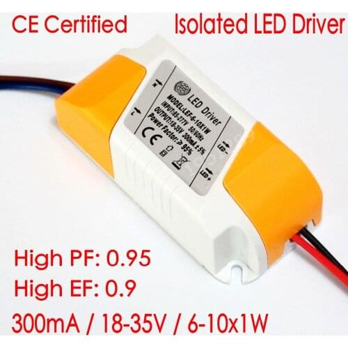 CE Certified Isolated 300mA 6-10x1W Led Driver 6W/7w/8W/9W/10w Power Supply DC 18V - 35V AC 110V 220V for LED lights
