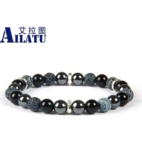Ailatu Classic Jewelry 8mm Mix Colors Weathering Onyx and Black Hematite Stone Glass Beads Bracelet for Men