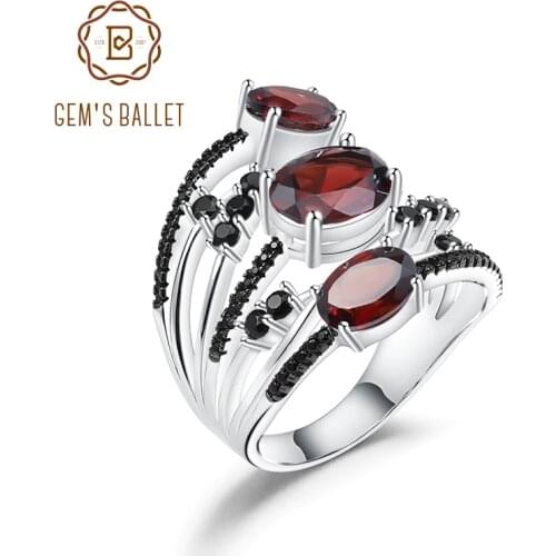 GEMS BALLET 4.0Ct Natural Red Garnet Birthstone Rings For Women 925 Sterling Silver Stackable Three Stone Ring Fine Jewelry