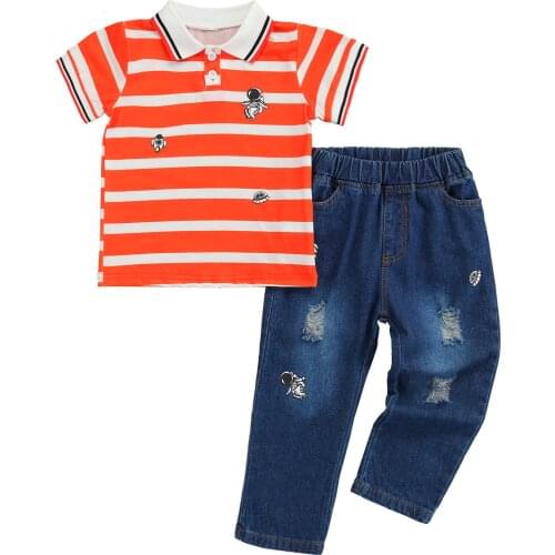 2 Pieces Kids Suit Set, Striped Turn-Down Collar Short Sleeve Tops+ Ripped Jeans for Boys, 18 Months- 6 Years