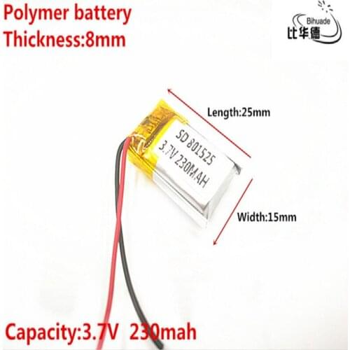 Good Qulity 3.7V,230mAH,801525 Polymer lithium ion / Li-ion battery for TOY,POWER BANK,GPS,mp3,mp4