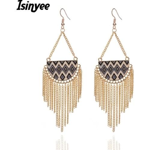 ISINYEE Fashion Chain Tassel Earrings For Women Enamel Geometric Hanging Earring Trendy Gold Bohemian Statement Jewelry Brinco