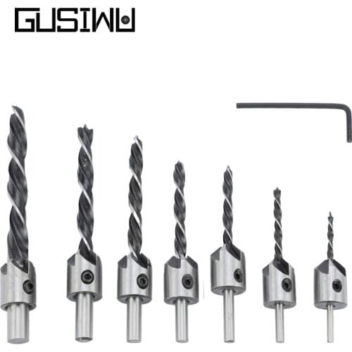 GUSIWU 7pcs HSS Countersunk Drill Bit 5 Flute 3mm 4mm 5mm 6mm 8mm 10mm Woodworking Drilling Bit Set with L-wrench Chamfer Tool