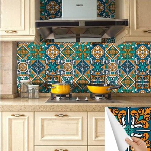 10PCS Retro Tile Sticker European Style PVC Floor Stickers Bathroom Kitchen Home Decoration Self Adhesive Morocco Wall Decals