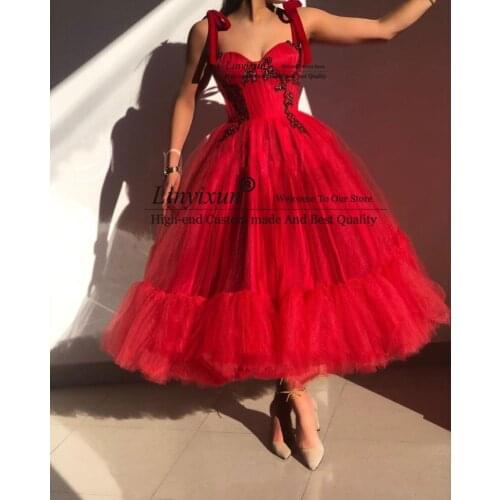 Charming Prom Dress Sweetheart A-Line Ruffled Red Mid Length Arabic Evening Gown Celebrity Party Dresses sukienki damskie