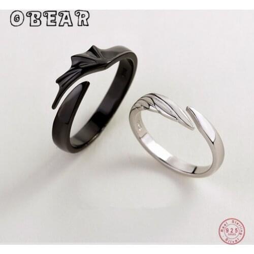 OBEAR 100% 925 Sterling Silver Angel And Devil Couple Rings Wing Feather Opening Rings for Women Men Lovers Party Jewelry