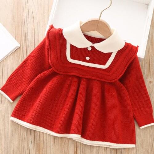 Baby girl birthday dress fall girls solid color knitted long sleeve princess dresses wholesale