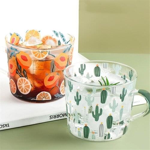 Nordic Transparent Fruit Cactus Printed Glass Tea Milk Cups With Scale Coffee Mug Heat Resistant Measuring Cup Drinkware Tumbler