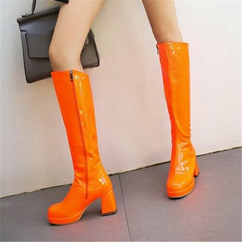 New Patent leather Winter Fall Women Knee High Boots Thick Heel Zipper Women Long Boots Fashion Candy Colors Ladies Party Boots