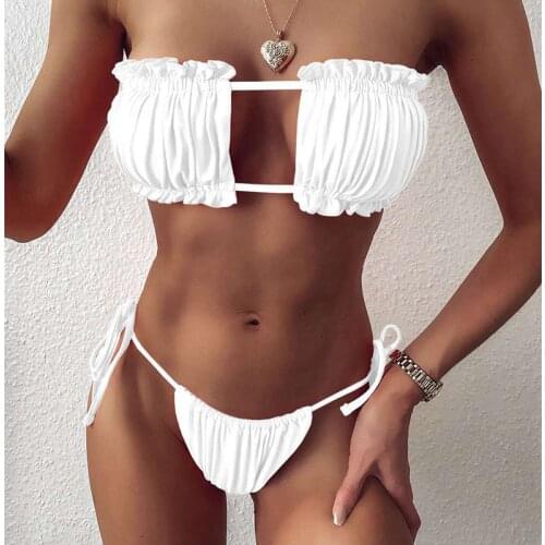 Ladies Secret Sexy Bikini Pleated Swimsuit Swimwear Wire Free Women Mini Thong Bikinis Set Swimming Beachwear Backless Suit