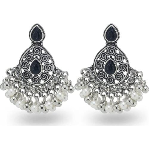 Ins Oxidized Silver Color Metal Drop Dangle Earrings for Women Boho Egypt Indian Arab Crystal Pearls Female Statement Earring