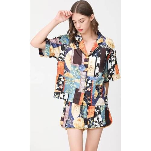 Silk Pajamas Womens Summer Thin Fashion Printed Silk Ladies Casual Home Wear Short-sleeved Shorts Loose Two-piece Suit Pajamas