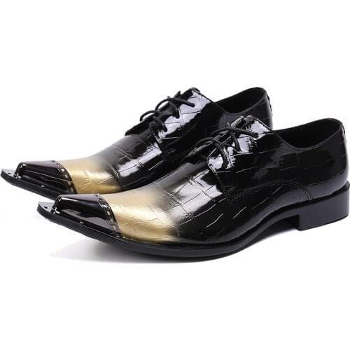 Fashion Mens Leather Shoes Luxury Handmade Metal Pointed Toe Lace Up Oxfords Shoes Casual Business Party Man Brogue Shoes