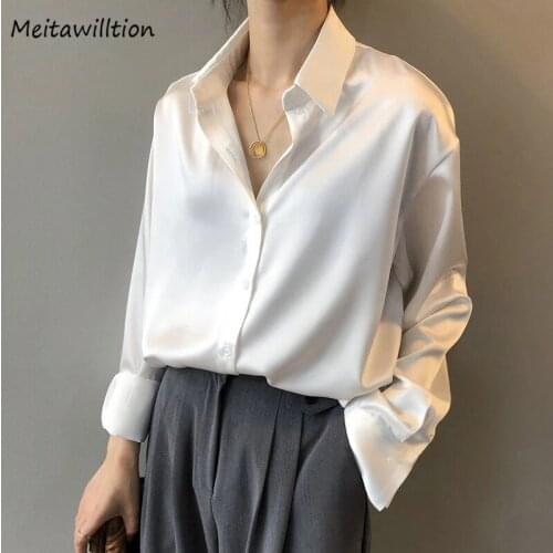 2021 Spring Summer Women Fashion Long Sleeve Satin Blouse Ladies Vintage V Neck White Shirts Elegant Silk Office Tops