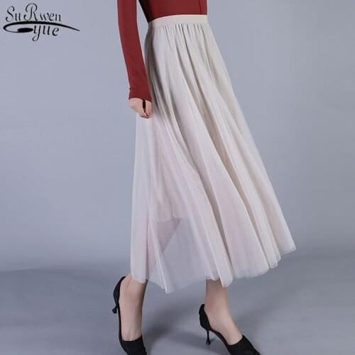 2021 Casual Maxi Mesh Long Skirt Women Pleated Skirt Spring Korean Style 4 Colors Elastic Waist Solid Skirts Womens Jupe 9840