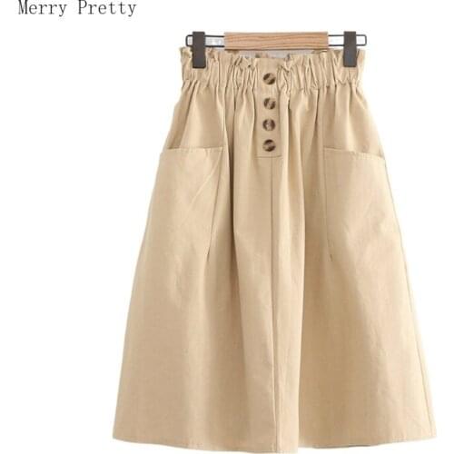 Solid High Waist A-line Skirt With Pocket For Women 2020 Sumer New Fashion Pleated Casual Button Office Ladies Knee Length Skirt