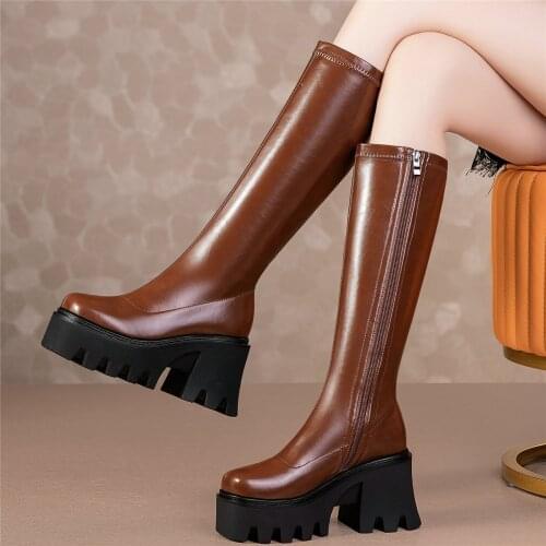 2021 Women Genuine Leather High Heel Thigh High Motorcycle Boots Female Winter Warm Round Toe Chunky Platform Pumps Casual Shoes