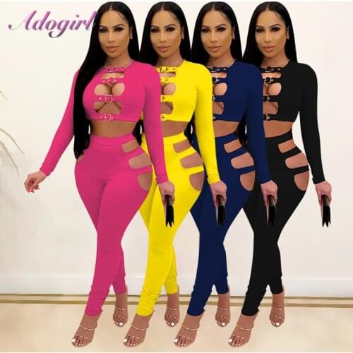 Fitness Activewear Two Piece Sets Women Tracksuit Solid Hollow Out Long Sleeve Crop Tops Legging Sweatpants Outfit Matching Sets