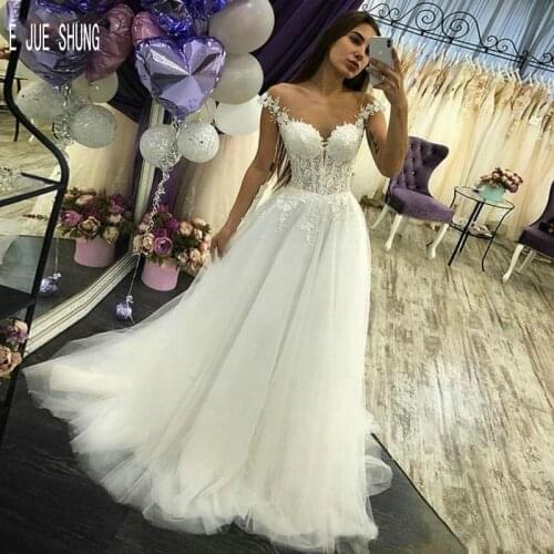 E JUE SHUNG Sexy Lace Wedding Dresses Cap Sleeves Wedding Gowns Sheer Scoop Neck Bridal Dresses Vestidos de Novia