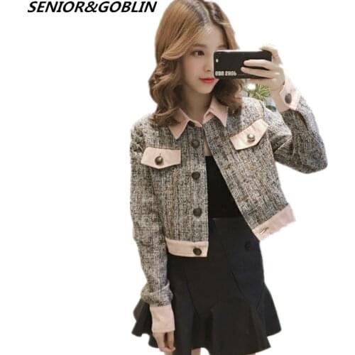 New 2019 Autumn Womens Tweed Long Sleeve Single Breasted Button Vintage Short Coat Spring Femme Runway Bomber Jacket Clothes