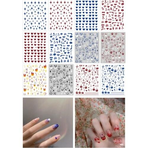 10PCS new love sketch face nail stickers Klein blue and burgundy red collide with a different flame nail cute and cool nail deco