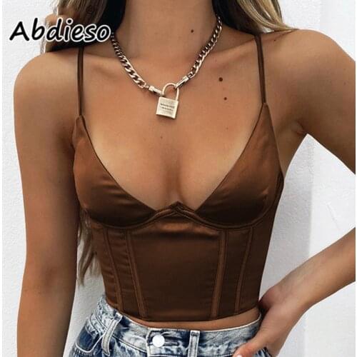 Abdieso Satin Corset Sexy Crop Top Women Black 2021 Zipper Sleeveless Tank Camis Summer Backless White Streetwear Y2K Tank Tops