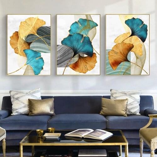 Blue Green Yellow Gold Plant Leaf Abstract Poster Nordic Canvas Print Wall Art Painting Modern Picture Living Room Decoration